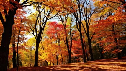 Vibrant autumn leaves scattered on the ground with sunlight filtering through the trees, creating a warm and inviting atmosphere, nature, foliage