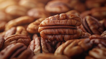 Richly textured pecan nuts are beautifully displayed bright background highlighting their natural contours soft focused lighting.