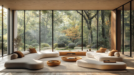 Elegant Modern Living Room With Large Windows Overlooking a Serene Garden. Generative AI