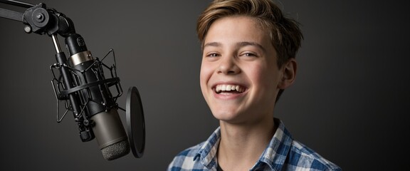 Smiling teenage boy wearing headphones speaking into a microphone with a pop filter in a recording studio. Studio portrait for podcasting, voiceover, or broadcasting concept.