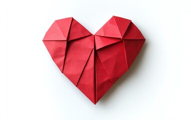 Red origami heart on a white isolated background.