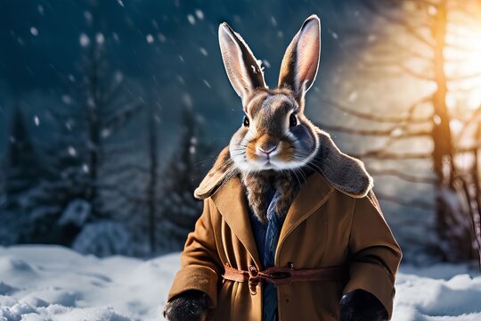 a flemish giant rabbit wearing a detectives trench coat investig