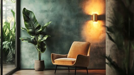 Mid-Century Modern Wall Sconce by a Retro Armchair Soft Yellow Light Adding a Vintage Vibe