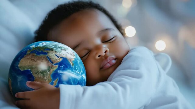 A black baby sleeps soundly, embracing a globe and creating a serene, heartfelt moment filled with warmth and tranquility