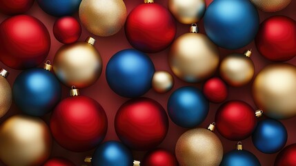 Abstract holiday baubles in red, blue, and gold with soft shadows and gradients, creating a modern vector design.