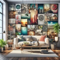 A living room assembled as a digital collage combining disparate
