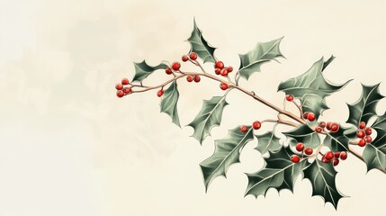 Elegant holly leaves and berries in vector art, using delicate linework and muted greens and reds for a refined holiday design.