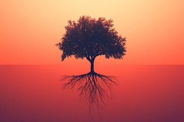 Minimalist Illustration of Tree with Extending Roots