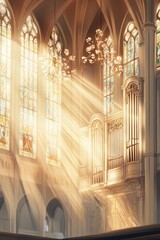 Sunlit cathedral interior with stained glass and massive organ