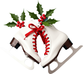  A pair of classic white ice skates adorned with bright red laces and holly leaves, symbolizing the festive winter season. Perfect for holiday-themed designs. Transparent background.