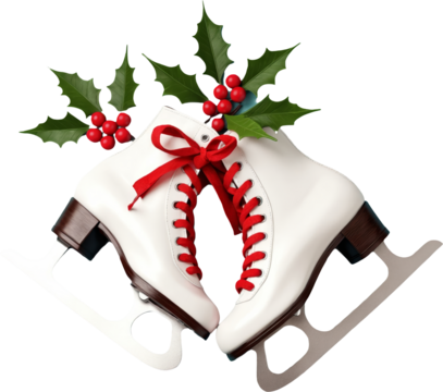 A pair of classic white ice skates adorned with bright red laces and holly leaves, symbolizing the festive winter season. Perfect for holiday-themed designs. Transparent background.
