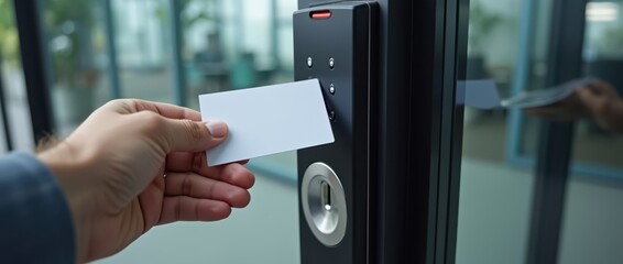 A man applies an access card to a reader, close-up. Access control and management system. Security and safety