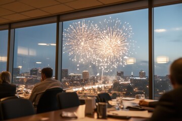 Obraz premium Business meeting with dramatic fireworks view in urban skyline at dusk