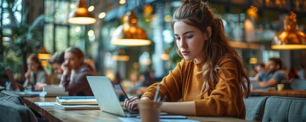 Fototapeta premium Young Woman Working on Laptop in a Modern Cafe with Warm Lighting and Cozy Atmosphere