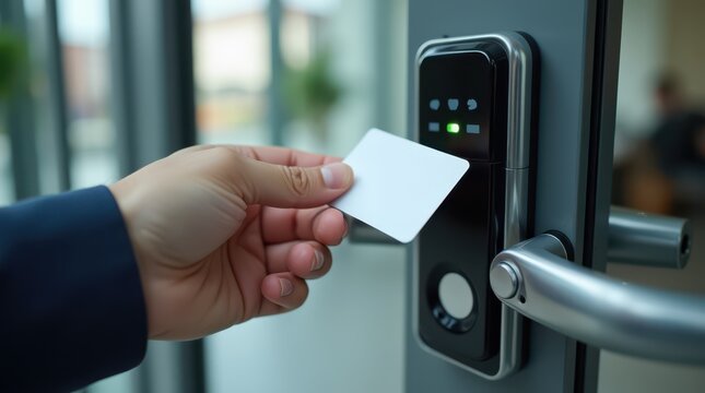 A man applies an access card to a reader, close-up. Access control and management system. Security and safety
