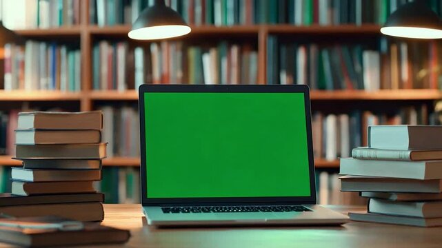 A laptop with green screen stands on the table with stacks of books around at library. Online study, educational website