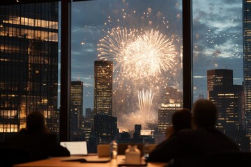 Spectacular fireworks display illuminates city skyline from office window view