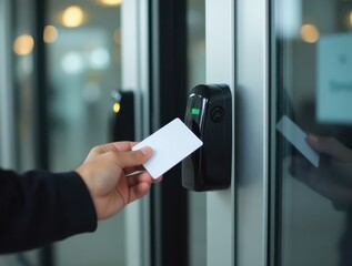 A man applies an access card to a reader, close-up. Access control and management system. Security and safety