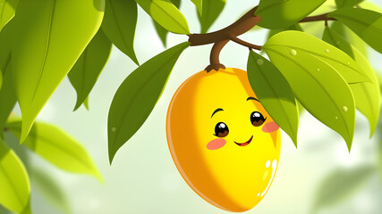 A cartoonish yellow fruit with a smiling face is hanging from a tree branch