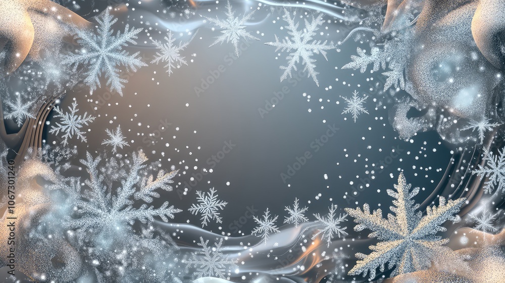 Fototapete Abstract frosty border with snowflakes and swirling ice patterns, framing a transparent winter-themed background.