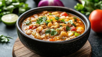 A bowl of chicken noodle soup, garnished with cilantro and lime wedge on a wooden chopping board.