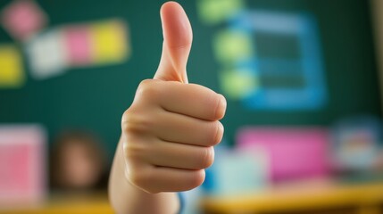 Confident Teacher Giving Thumbs Up in a Bright Classroom Environment