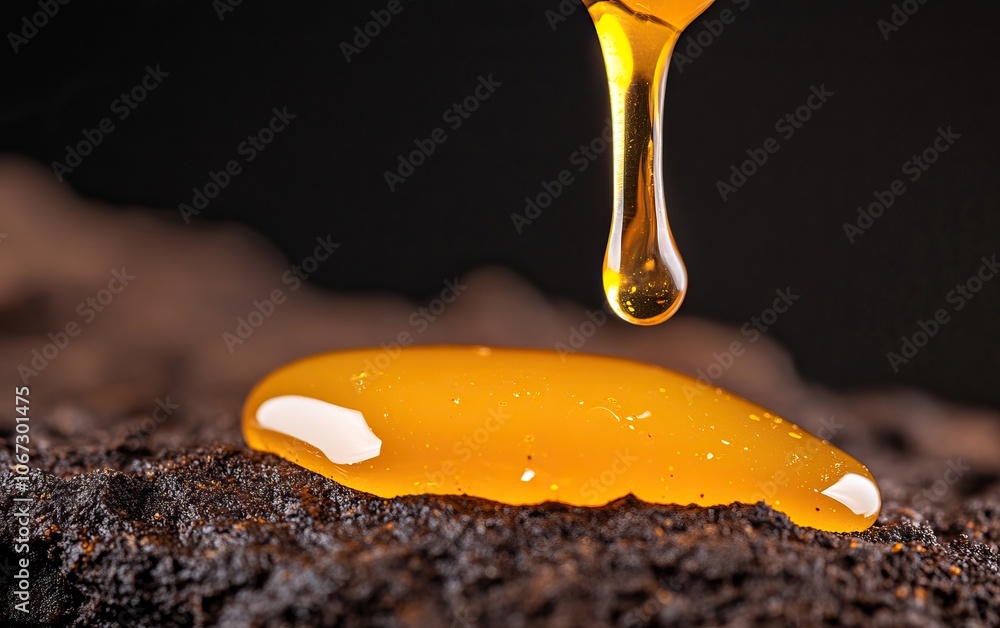 Poster a close-up of a viscous golden liquid dripping from a surface, showcasing its glossy texture against