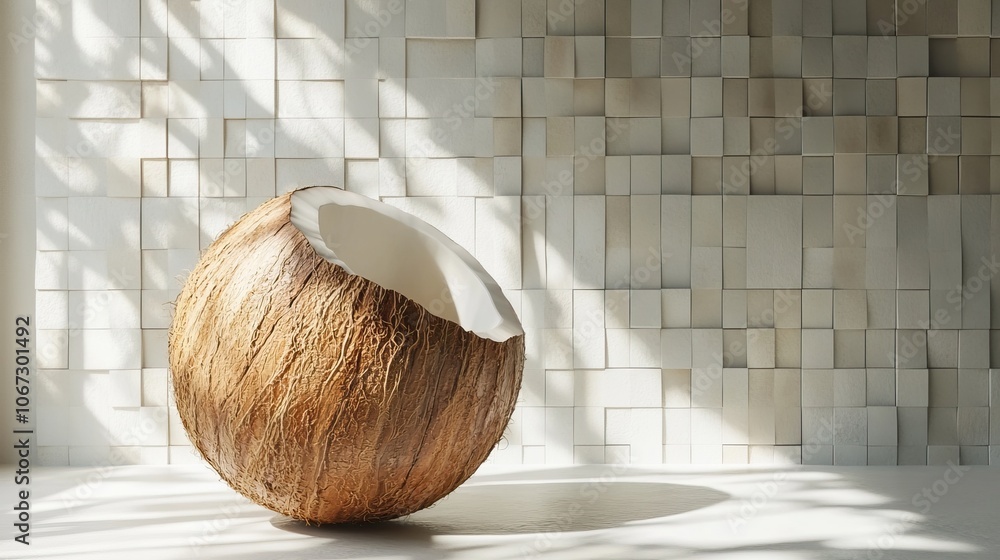 Poster a coconut half sits on a surface, casting soft shadows against a textured wall, creating a minimalis