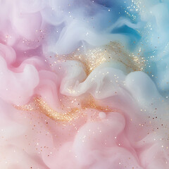 Fototapeta premium Luxurious Sparkling Texture with Merging Pale Pink, Light Blue, and Gold Inks with Delicate Shimmery Particles
