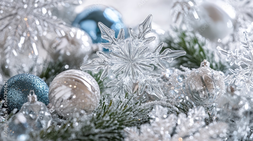 Fototapete Delicate frost patterns on glass with intricate, icy snowflake shapes and subtle hints of blue and silver for a festive touch.