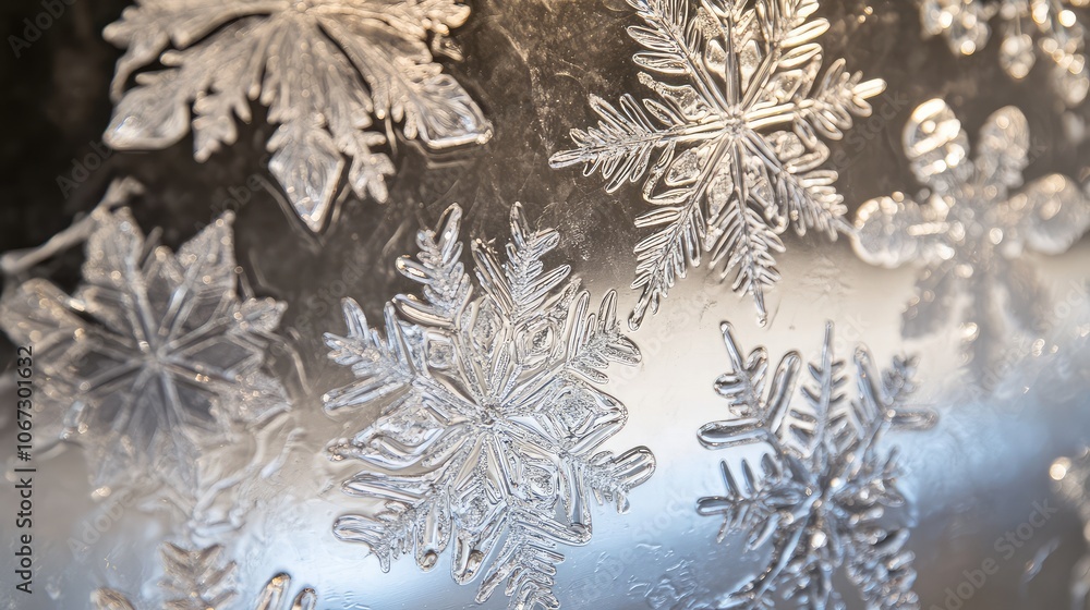 Poster delicate frost patterns on glass with intricate, icy snowflake shapes and subtle hints of blue and s