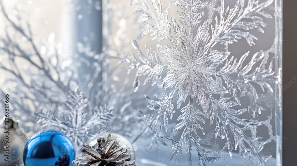 Fototapete delicate frost patterns on glass with intricate, icy snowflake shapes and subtle hints of blue and s