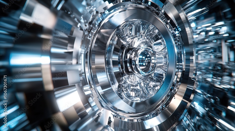 Poster a mesmerizing close-up of a metallic circular structure, showcasing intricate details and a futurist