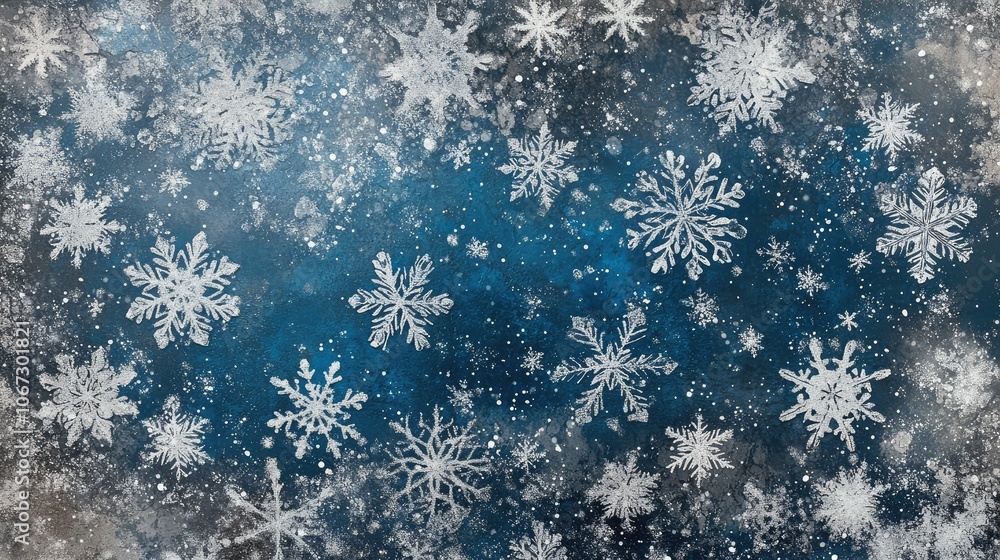 Fototapete detailed frost texture with snowflake clusters in blue and silver, forming abstract holiday patterns