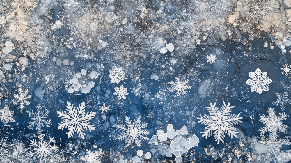 Fototapete detailed frost texture with snowflake clusters in blue and silver, forming abstract holiday patterns