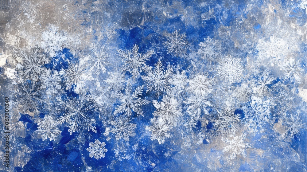 Fototapete detailed frost texture with snowflake clusters in blue and silver, forming abstract holiday patterns