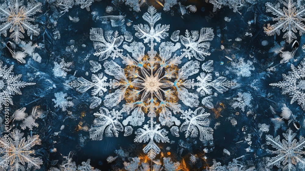 Fototapete frost crystals and snowflakes overlapping in an intricate, festive pattern against a dark wintery ba