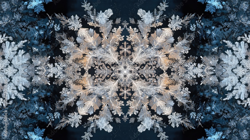 Fototapete frost crystals and snowflakes overlapping in an intricate, festive pattern against a dark wintery ba