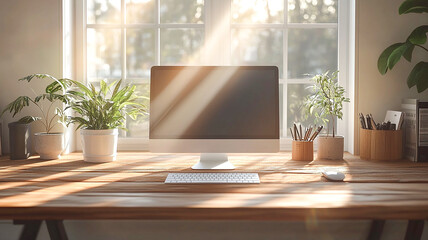 A Cozy Workspace With a Computer and Plants Bathed in Sunlight by a Window. Generative AI