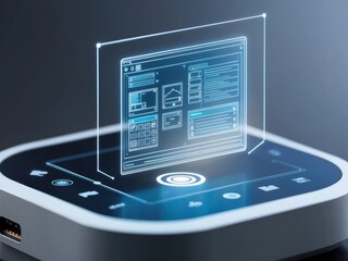 A closeup of a holographic device projecting 3D visuals, showcasing cutting-edge technology and futuristic design