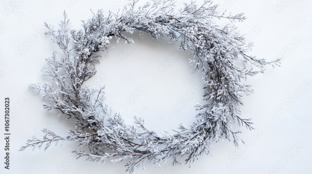 Fototapete frosty branches forming a wreath shape, with shimmering snow and subtle highlights of silver for a c