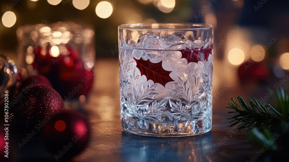 Fototapete frozen glass with ice crystal patterns that subtly resemble holly leaves, adding a touch of holiday 