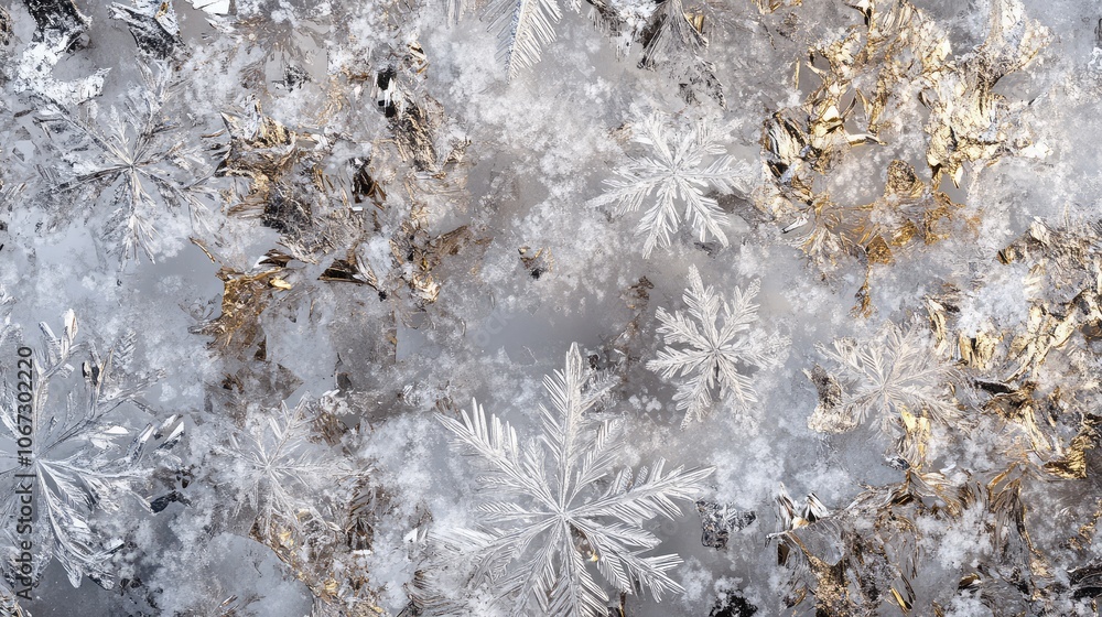 Fototapete frozen snowflakes with metallic frost patterns in silver and white, creating a christmas-inspired ab