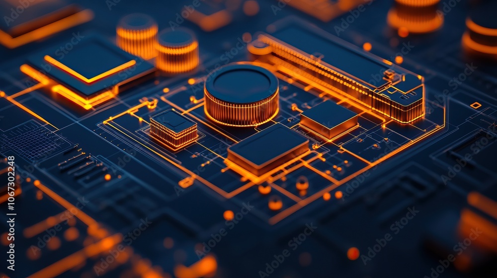 Aufkleber a close-up view of a digital circuit board featuring intricate lines and glowing orange components o