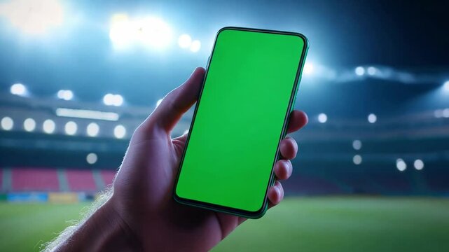 A hand presents a smartphone featuring a blank green screen, showcased in an empty stadium under bright lights at night - Powered by Adobe