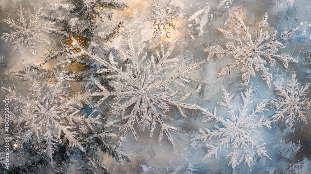 Poster overlapping frost lines creating snowflake and star shapes, shimmering in silver on a muted holiday 