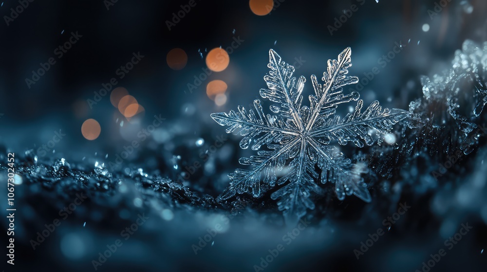 Fototapete snowflake and frost overlay on a dark background with intricate, glowing details that feel both chil