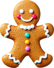 Obraz premium Cute gingerbread man cookie with a smiling face, decorated with colorful buttons and white icing on arms and legs. Perfect for holiday themes, Christmas, baking, and festive designs.