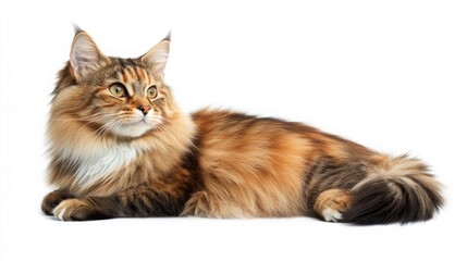 Obraz premium Norwegian Forest Cat in serene pose, showcasing luxurious fur, ample space for text, clean white backdrop, elegant composition