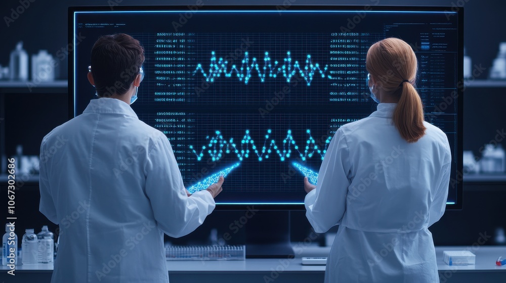 Poster scientists analyzing data in modern laboratory setting